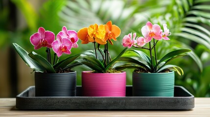 Obraz premium A vibrant display of three colorful orchid plants in decorative pots, set against a lush green background, creating a serene indoor garden atmosphere.