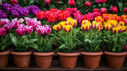 A vibrant display of colorful tulips in pots, showcasing a variety of hues, perfect for gardening enthusiasts and floral decorations.
