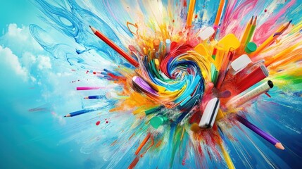 Colorful Explosion of Art Supplies and Creativity in Abstract Form