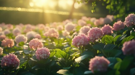 Blooming Hydrangea Flowers in a Lush Garden at Golden Hour