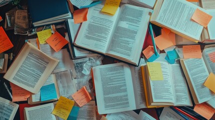 Obraz premium Overwhelmed Study Space with Open Books and Colorful Sticky Notes