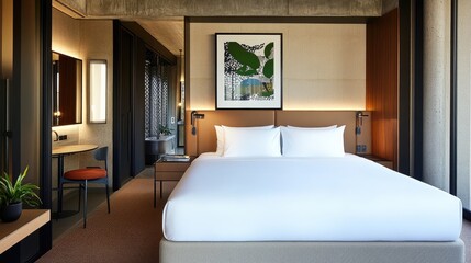 Fototapeta premium Modern Hotel Room with Minimalist Design and Natural Accents