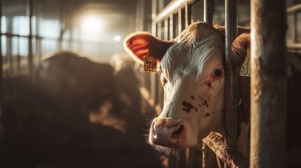 Sick Cow in Stall Under Dim Light With a Soft Focus and Gentle Shadows in Agricultural Setting