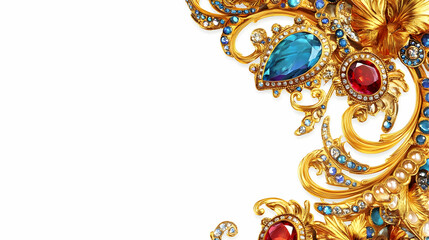 Fototapeta premium Ornate golden embellishment with colorful gemstones on a white background.