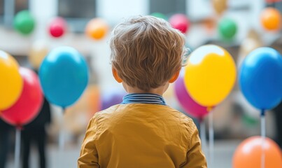 Child Enjoying a Colorful Balloon Display with a Sense of Wonder and Joyfulness in a Festive Setting