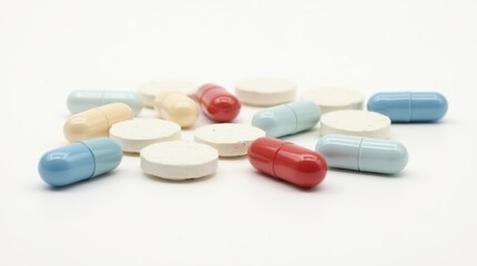 Assorted Pills and Tablets on White Background for Healthcare Concept