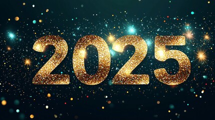 A dazzling Happy New Year 2025 design featuring glittering golden numbers '2025' illuminated against a rich dark green background, 
