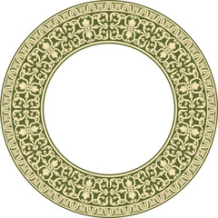 Vector gold and green round classic renaissance ornament. Circle, ring european border, revival style frame
