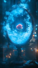 Fantasy magic dark background with a magic rose, old book, old mirror, background of the night city