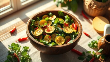 A wooden bowl filled with a colorful salad of sauteed zucchini, fresh greens, and red chili peppers, all bathed in the warm glow of sunlight.