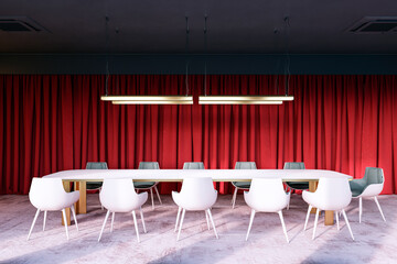 Modern boardroom interior with white chairs, large table, and red curtains in a stylish corporate office space. 3D Rendering