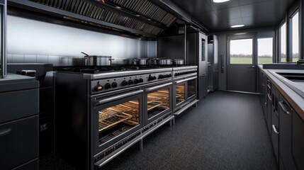 Obraz premium This modern culinary kitchen showcases professional-grade cooking appliances, including multiple ovens and stovetops, with large windows offering an outdoor view