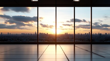 breathtaking sunset illuminates the city skyline as seen through large windows of a modern office building
