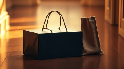 A black gift box with a leather handle sits on a wooden floor next to a beige bag. The soft lighting casts a warm glow on the scene.