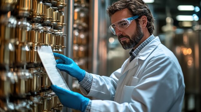 scientist wearing glasses and gloves studies data amidst rows of samples at a research facility, ensuring accuracy for ongoing experiments in a controlled laboratory environment