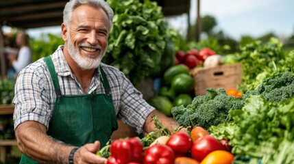 cheerful vendor in a green apron showcases a variety of fresh vegetables and fruits at a vibrant local market, surrounded by lush greenery and colorful produce under a clear sky