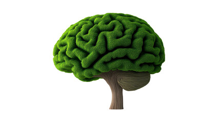 Tree Brain Nature Fusion, green brain-like canopy with tree trunk, symbolizes growth and knowledge integration Isolated on white background or PNG