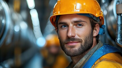 confident male worker wearing a hard hat and safety gear smiles while standing amidst large machinery in an industrial setting, showcasing teamwork and dedication to safety