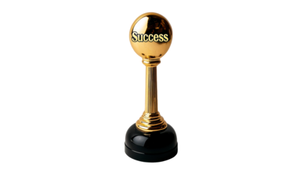 Golden Success Trophy, elegant shiny award, black base, symbolizes achievement and recognition, polished golden sphere Isolated on white background or PNG