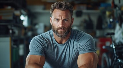 Obraz premium muscular man with a full beard sits confidently in a workshop. He is dressed in a fitted gray shirt, showcasing his physique, while tools and bicycles are visible in the background