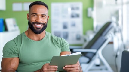 fitness trainer is sitting in a gym, smiling at the camera while holding a clipboard. vibrant green wall and workout equipment in the background create an energetic atmosphere