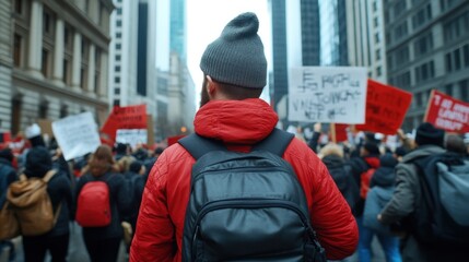 group of individuals marches through a bustling urban street, dressed in warm attire. Many hold signs expressing their demands for justice. atmosphere is charged with energy and purpose