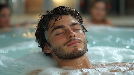 young man enjoys a moment of relaxation in a hot tub, surrounded by bubbles and warm water, while others engage nearby. setting is calm and inviting, perfect for unwinding