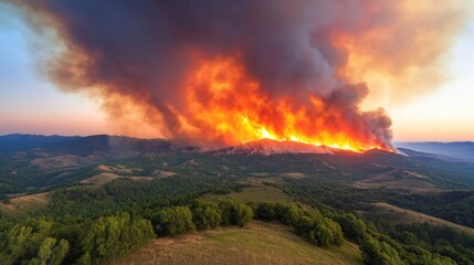 A powerful wildfire sweeps through hilly terrain at dusk, creating an intense orange blaze that illuminates the sky while dark smoke billows upward, affecting the surrounding green valleys