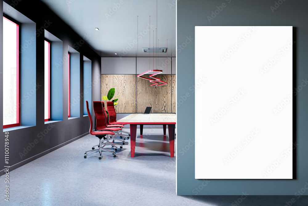 Poster modern meeting room with red chairs, large table, and blank vertical display on the wall. 3d renderi