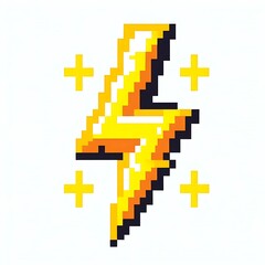 Obraz premium Pixel art lightning bolt with spark symbols.