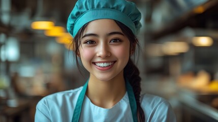 cheerful young chef stands confidently in a busy kitchen. Wearing a chefs hat and apron, she showcases her passion for cooking. Bright lights and culinary tools fill the background