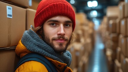 young man with a beard, wearing a red beanie and an orange jacket, stands in a busy warehouse. Stacked cardboard boxes fill the space, indicating a bustling packing environment