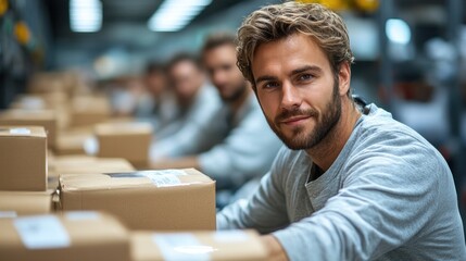 young man is focused on packing boxes in a busy warehouse. He sits at a long table surrounded by colleagues, all diligently preparing orders for shipping during daytime