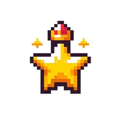 Pixelated golden star with a crown and sparkles.