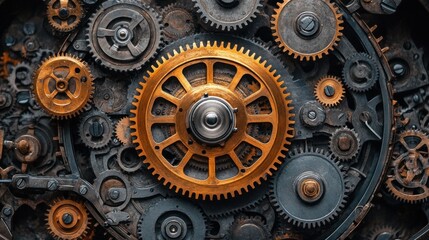 detailed composition of interlocking clock gears reveals the intricate design and craftsmanship of vintage mechanics, highlighting the steampunk aesthetic and the beauty of functional art
