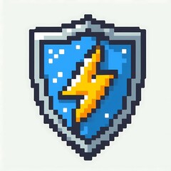 Obraz premium Pixelated shield with a lightning bolt symbol.