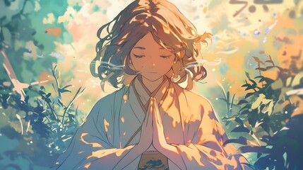Meditative person focusing on breath in nature, anime style, calm and relaxing