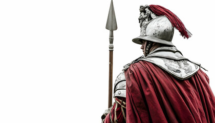 Obraz premium A Roman soldier in armor, holding a spear, dressed in a red cloak, facing away.