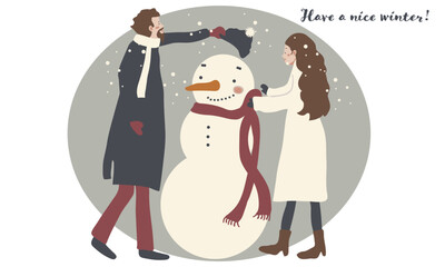 冬の男女（雪だるまを自分たちの持ち物で飾り付けているカップルのイラスト）