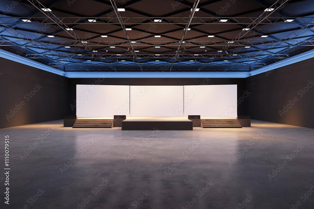 Poster modern exhibition space with a stage, white screens, steps, and a dark ceiling structure illuminated