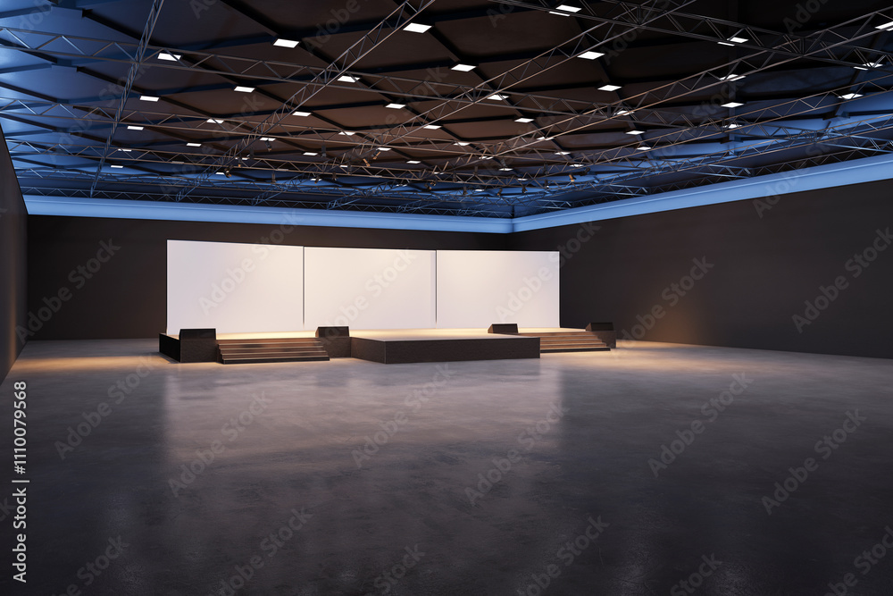 Poster modern exhibition stage with blank white screens in a spacious dark hall, featuring polished floors 