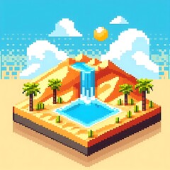 Pixel art of a desert oasis with waterfall and palms.