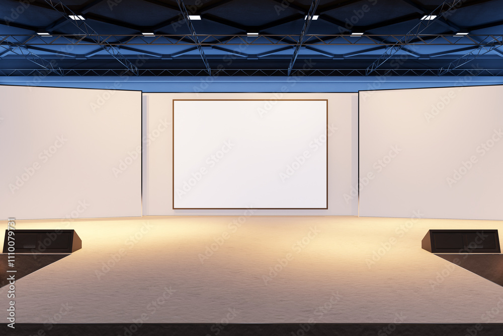 Poster modern exhibition stage with white blank panels and spotlighting in a spacious hall. 3d rendering