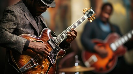 Obraz premium Musicians performing live, showcasing guitar skills in an intimate jazz setting.