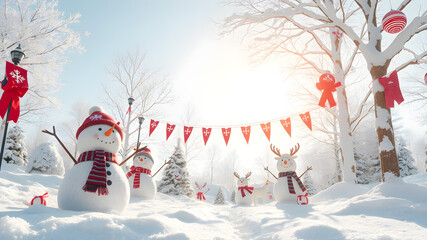 Fototapeta premium A bright winter day scene with snowmen, reindeer decorations, and holiday banners for 2025, ultra-clear 8K resolution
