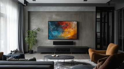 Smart tv stand in center of the city, smock around it creative manipulation creative art