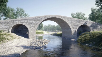 3D model of an arched bridge over a river, showing load distribution and architectural stability analysis 