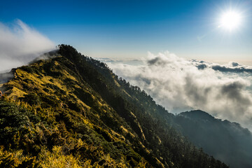Sunset view of the cloud sea in Hehuan Mountain Forest Recreation Area of Nantou, Taiwan. Taroko...