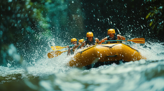 Adventurous team whitewater rafting through rapid, splashing water, showcasing teamwork and excitement