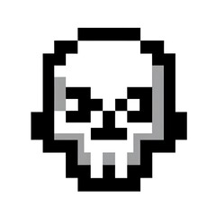 Pixelated skull icon in black and white.